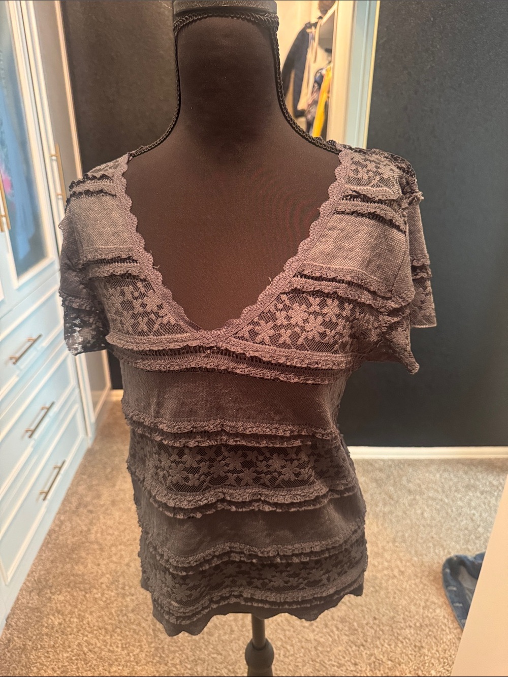 POL Black Lace Layered Short-Sleeve Top
